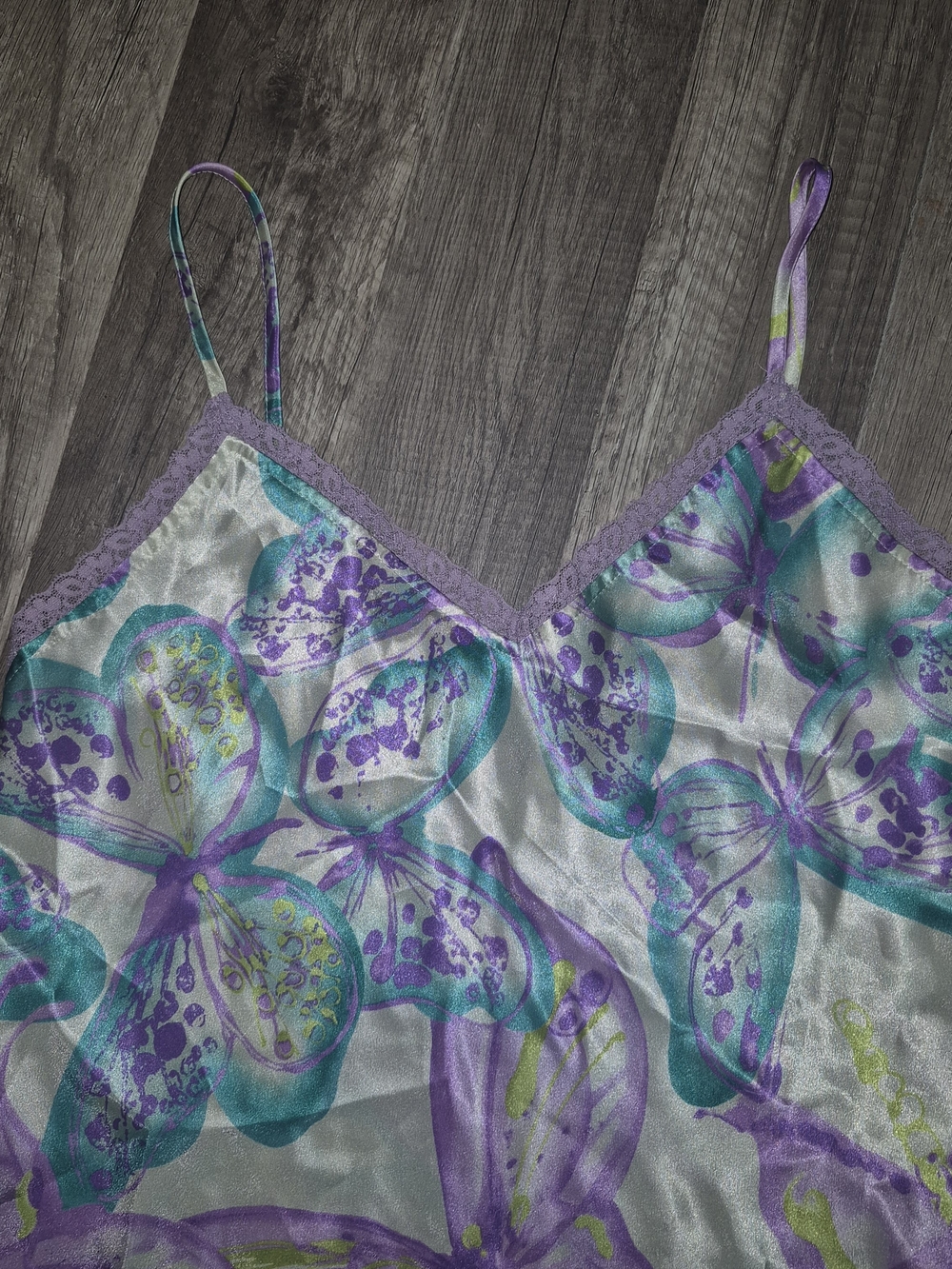 Valerie Stevens Lavender & Teal Butterfly Vintage Satin Chemise - Picture 3 of 5